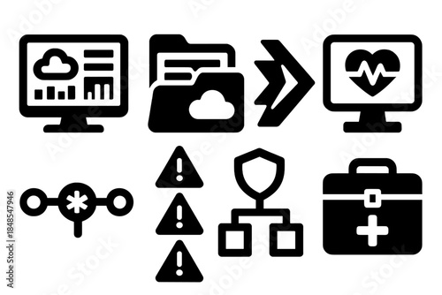 Cloud Security Icons. Cloud Security Operations Set silhouette set: SIEM dashboard, log folder, incident response arrow, health monitor, event timeline, alert queue, security