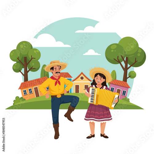 Happy couple dressed in traditional rural clothing dancing and playing accordion in a countryside village setting illustration