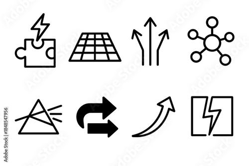 Innovative Icon Suite. Innovative Thinking Suite linear set: puzzle spark, perspective grid, divergent arrows, mind-map node, insight prism, shift icon, leap arrow, breakthrough