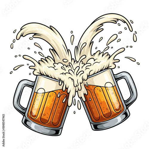 Two beer mugs clinking together with foamy beer splashing out in a celebratory toast