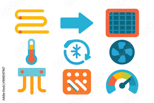 Modern Cooling System Icons. Cooling System Dynamics flat set: heat-transfer coil, coolant flow arrow, temperature gradient bar, radiator fin tile, cooling fan blade, thermal