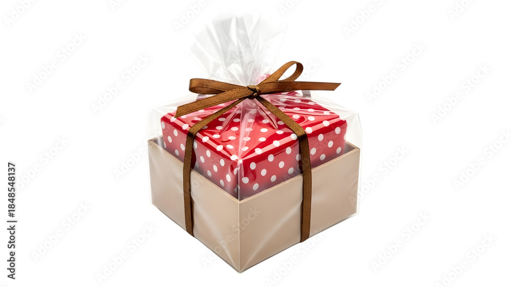Obraz premium Gift wrapped in brown paper and red polka dot paper isolated on a transparent background present