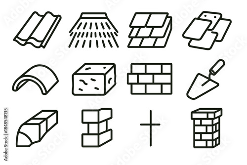Roofing and Masonry Icons. Traditional Roofing & Masonry linear set: clay roof tile, thatched roof layer, wooden shingle, slate tile, ridge cap piece, stone masonry block, brick