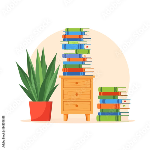 Flat illustration of a stack of colorful books on a wooden nightstand next to a potted green houseplant