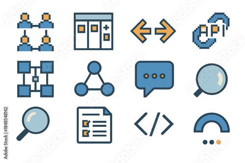 Tech Collaboration Icons. Cross-Team Tech Collaboration pixel style set: connected teams icon, shared task board, integration arrows, API link symbol, workflow grid, sync nodes,