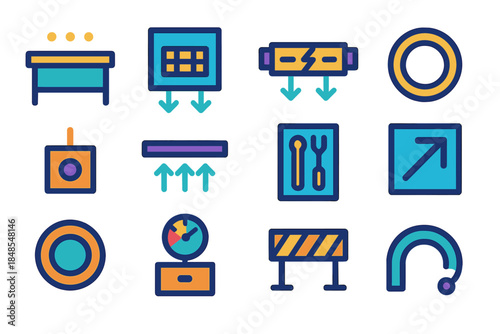 Industrial Cleanroom Icons. Industrial Cleanroom Systems flat set: clean bench tile, air filtration node, electrostatic mat bar, containment ring, sensor patch, laminar flow stripe