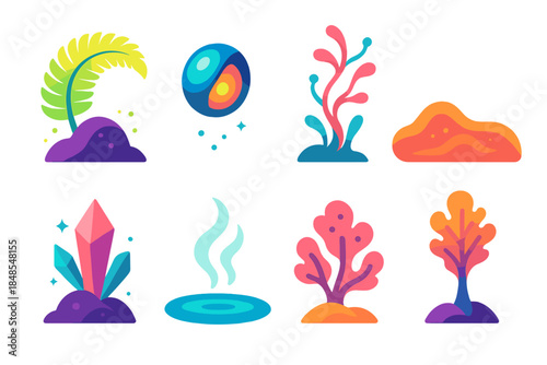 Futuristic Biome Icons. Off-world biome constructs flat set: luminescent fern arc, drifting seed orb, vapor-harvest vine, thermal moss mat, crystalline sprout, nutrient vapor pool,