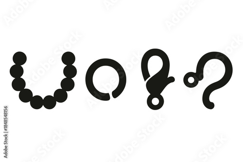 Bold Jewelry Icons. Beads and Jewelry Supplies silhouette set: glass bead strand, metal jump ring, clasp hook.