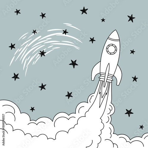 Hand drawn sketch of a cartoon rocket ship blasting off into the starry night sky leaving a trail of smoke and fire
