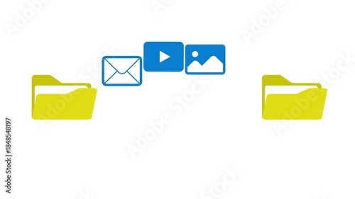 Yellow folders transferring with floating documents on white background, digital file exchange, data transfer. 4k Resolution.