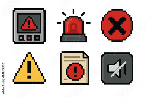 System Alarm Icons Collection. System Alarm Indicators set of icons in flat pixel vector style: control panel alert, warning LED, error badge, fault symbol, log entry icon, silence