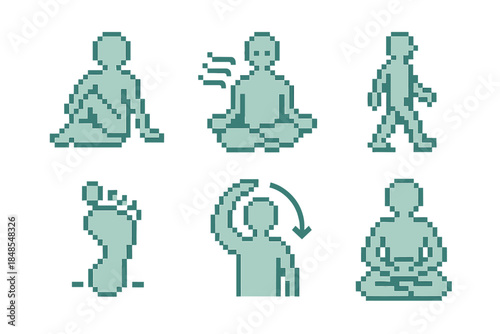 Mindful Motion Icons. Mindful motion set set of icons in flat pixel vector style: soft twist, guided breath wave, meditative walk, quiet hand sweep, grounding footstep, fluid arm