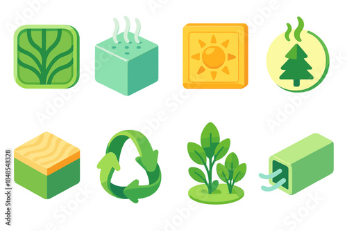 Eco-Friendly Design Elements. Sustainable Nature Living Set flat isometric set: green canopy motif, breathable fabric cube, sun-warm wall tile, forest scent icon, natural texture