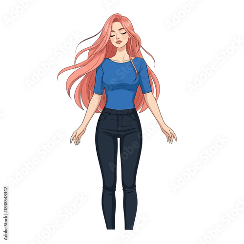 Beautiful young woman with long flowing pink hair wearing a blue top and dark skinny jeans