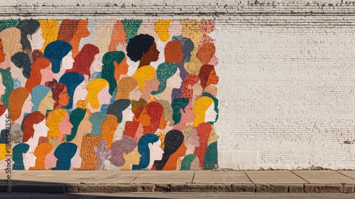 mural wall of painted faces representing gender, race, and identity