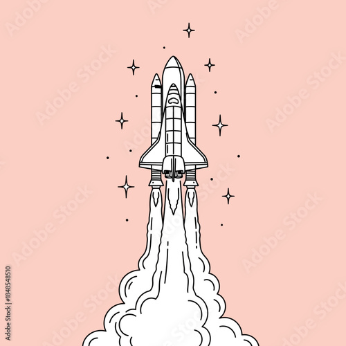 Minimalist line art illustration of a space shuttle launching upwards with exhaust smoke and stars against a soft pink background