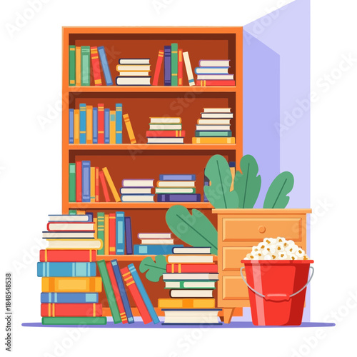 Cozy home library scene with wooden bookshelf filled with colorful book stack and a bucket of popcorn next to a small drawer cabinet