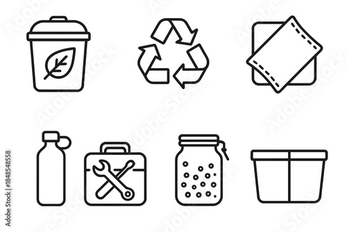 Sustainable Living Icons. Waste reduction methods set linear set: compost bin, recycling symbol, reusable container, cloth napkin, refillable bottle, repair toolkit, bulk food jar,
