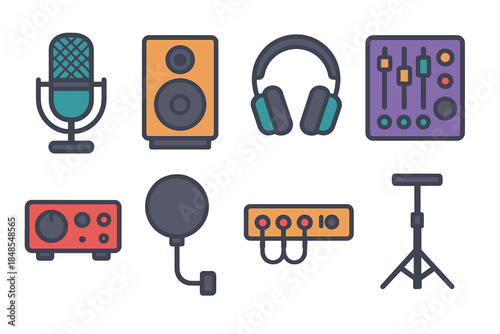 Modern Recording Equipment Icons. Recording equipment essentials flat set: condenser mic, audio monitor, headphone set, mixer panel, interface tile, pop shield, cable strip,
