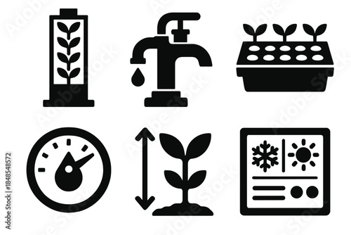 Urban Farming Icons. Urban Vertical Farming silhouette set: tower garden, water pump, seed tray, humidity gauge, leaf growth marker, controlled climate panel.