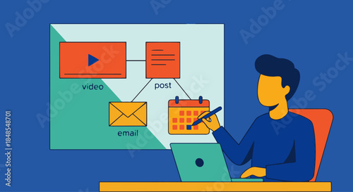 Flat vector illustration of a digital marketer planning content creation, icons for video, post, email as abstract shapes, flat vector style,