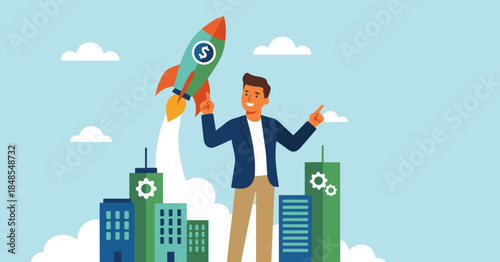 Flat vector illustration of an entrepreneur launching a startup, rocket and minimal city shapes, solid colour blocks, modern flat vector illustration