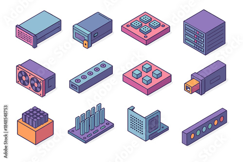 Colorful Server Components. Modular Server Cluster Designs flat isometric set: blade server tray, hot-swap module, interconnect backplane, scalable rack unit, cooling fan cartridge