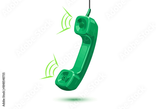 Vibrant green vintage telephone receiver ringing with sound waves illustration