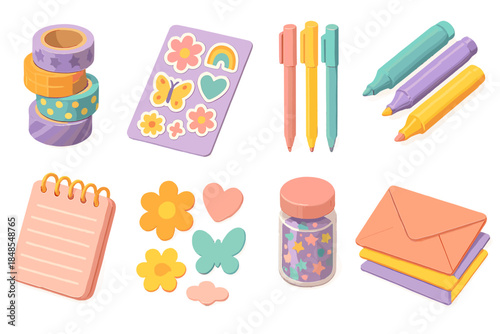 Colorful Stationery Collection. Creative Stationery Sets flat isometric set: patterned washi tape, decorative sticker sheet, colored gel pens, pastel markers, mini notepad, die-cut