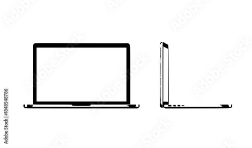 Minimal laptop mockup vector illustration with front and side views blank screen