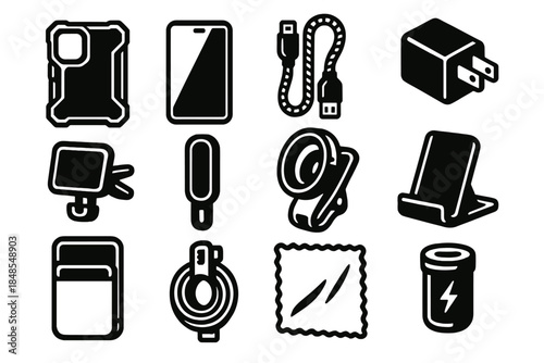 Brutalist Smartphone Accessories. Smartphone Gear silhouette set: rugged cover, matte screen protector, braided cable, dual-port charger, car vent mount, finger strap, macro lens