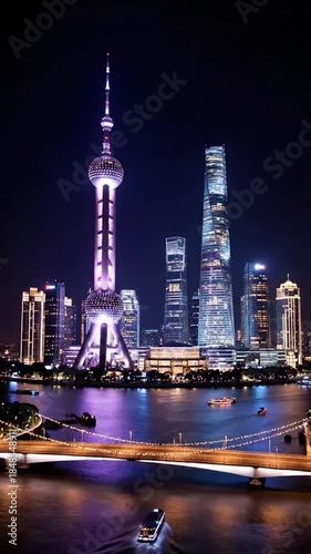A vibrant, futuristic city skyline with an illuminated tower over a river at night