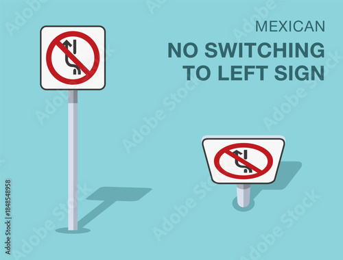 Traffic regulation rules. Isolated mexican "no switching to left" road sign. Front and top view. Flat vector illustration template.