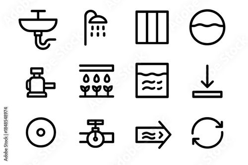 Greywater System Icons. Residential Greywater Networks linear set: sink drain tile, shower outlet node, filter bar, storage ring, pump patch, irrigation stripe, treatment panel,