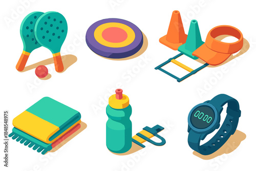 Beach Activity Icons. Beach Activity Essentials flat isometric set: paddle rackets, foam frisbee, beach sports cones, sand training ladder, sun cap, quick-dry towel, squeeze bottle
