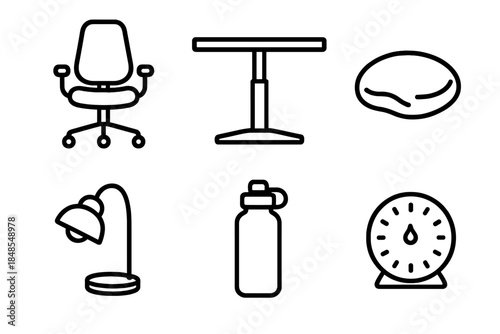 Workspace Wellness Icons. Holistic Workspace Wellness linear set: ergonomic chair, adjustable desk, posture cushion, gentle desk lamp, hydration bottle, mindful timer.