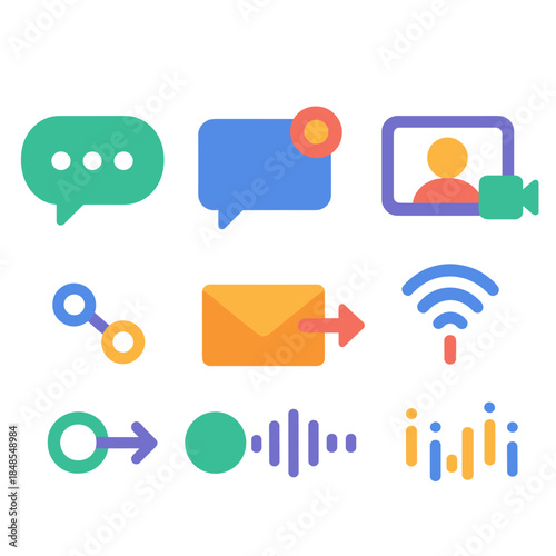 Digital Communication Icons. Digital Communication Elements flat set: typing bubble, message alert, video call frame, wireless signal, link nodes, email arrow, voice note, data