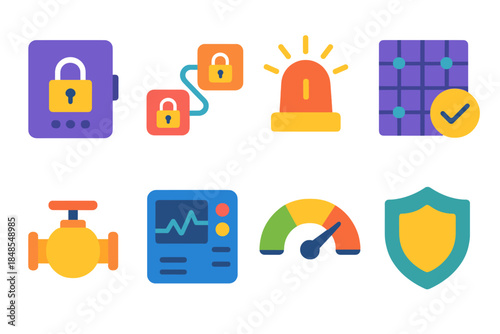 Industrial Security Icons. Industrial system safeguards flat set: locked controller box, secure comms link, tamper alert icon, integrity scan grid, safety valve marker, monitoring