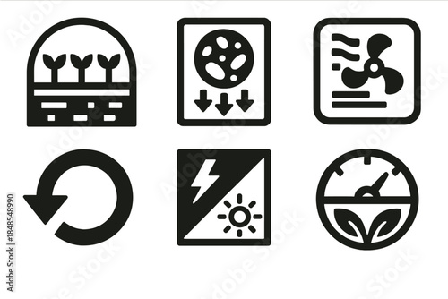 Brutalist Eco System Icons. Living Circular Space Systems silhouette set: closed-cycle greenhouse, microbial recycling chamber, air revitalization unit, waste-flow arrow, energy