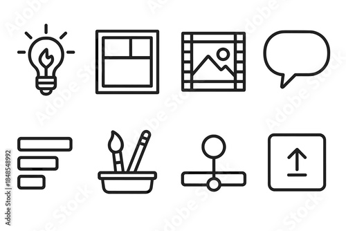 Iconic Story Workflow. Story creation workflows linear set: concept spark, outline panel, scene block tile, dialogue bubble, pacing bar, asset tray, timeline node, export tag.