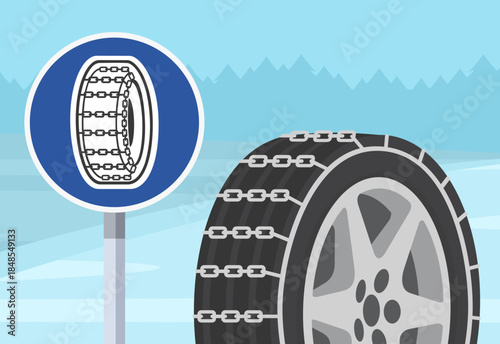 Close-up of a "mandatory usage of snow chains" sign and perspective view of a snow chain tire. Winter season country frozen road. Flat vector illustration template.
