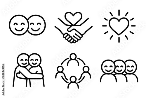United in Joy. Shared happiness linear set: smiling faces, joined hands, heart glow, celebration spark, warm hug icon, unity circle.