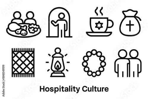 Cultural Hospitality Icons. Hospitality Culture Set linear set: shared feast plate, welcoming sign, symbolic cup, offering pouch, woven host mat, greeting light, unity bead loop,