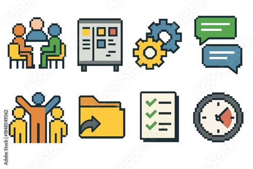 Collaborative Icons Collection. Collaborative workflow elements set of icons in flat pixel vector style: discussion circle, project board, linked gears, message thread, teamwork