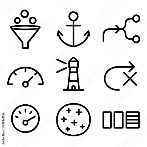 Cognitive Flow Icons. Cognitive Flow Structuring linear set: attention funnel, context anchor, thought pathway line, task-switch symbol, mental load gauge, clarity beacon, noise