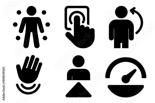 Brutalist Interface Icons. Physical–Digital Interface Set silhouette set: motion capture point, touch surface icon, embodied control loop, proximity field, body–input marker,
