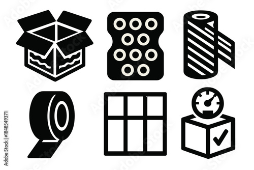 Bold Packing Icons. Product Packing Essentials silhouette set: foldable carton, cushioning pad, shrink-wrap film, sealing tape, divider sheet, package integrity gauge.