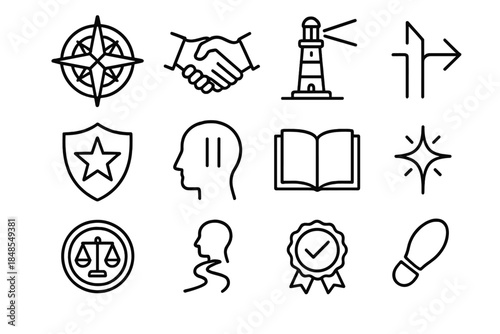 Ethical Icons Arrangement. Ethical Direction Set linear set: compass rose, honest handshake, guiding light beam, decision arrow, virtue emblem, mindful pause icon, open book of
