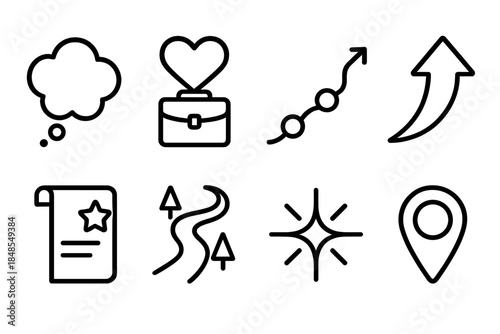 Guided Path Icons. Purpose-Driven Career Growth linear set: intention bubble, heart–work alignment icon, values line, clarity arrow, aspiration note, guided path, progress spark,