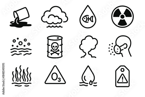 Environmental Hazard Icons. Environmental Hazard Indicators linear set: toxic spill symbol, air pollution cloud, contaminated water drop, radiation sign, soil contamination patch,